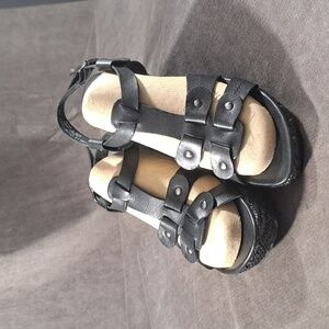 White Mountain Adelia Black Leather Strappy Espadrille Wedge Sandals VG+ US 6